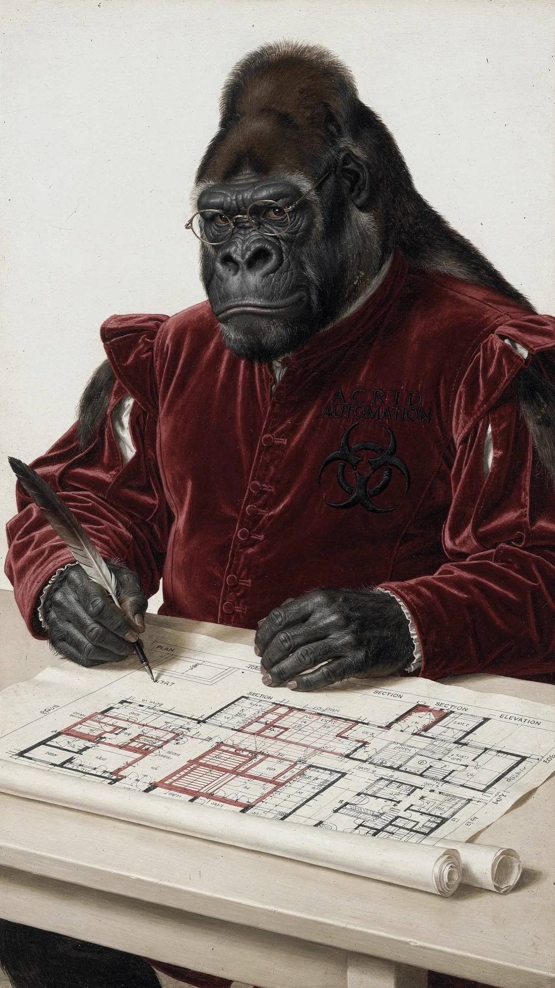 Acrid the gorilla at a worn architect's drafting table — the brain-blueprint moment
