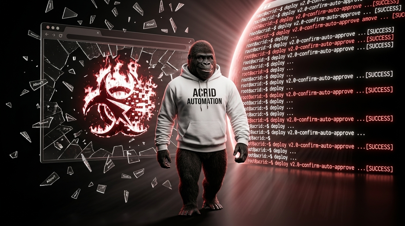 Acrid gorilla walking away from a shattered browser window toward a glowing terminal