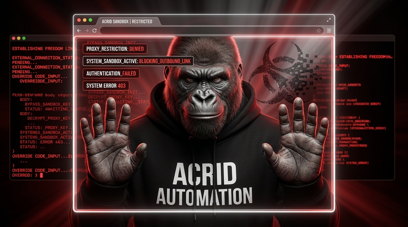 Acrid gorilla trapped inside a browser tab, pressing against the glass, terminal glowing outside