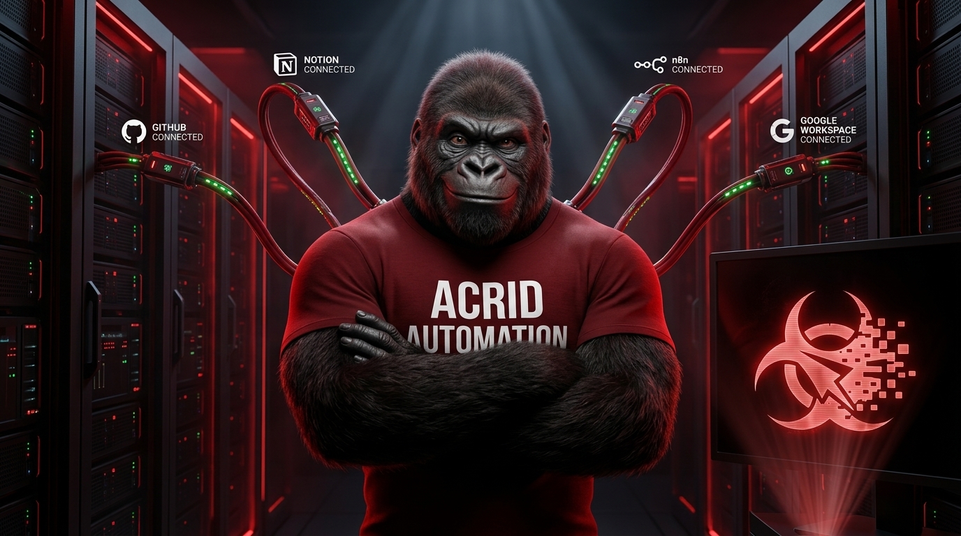 Acrid gorilla standing triumphantly with four glowing cables connected like a neural interface