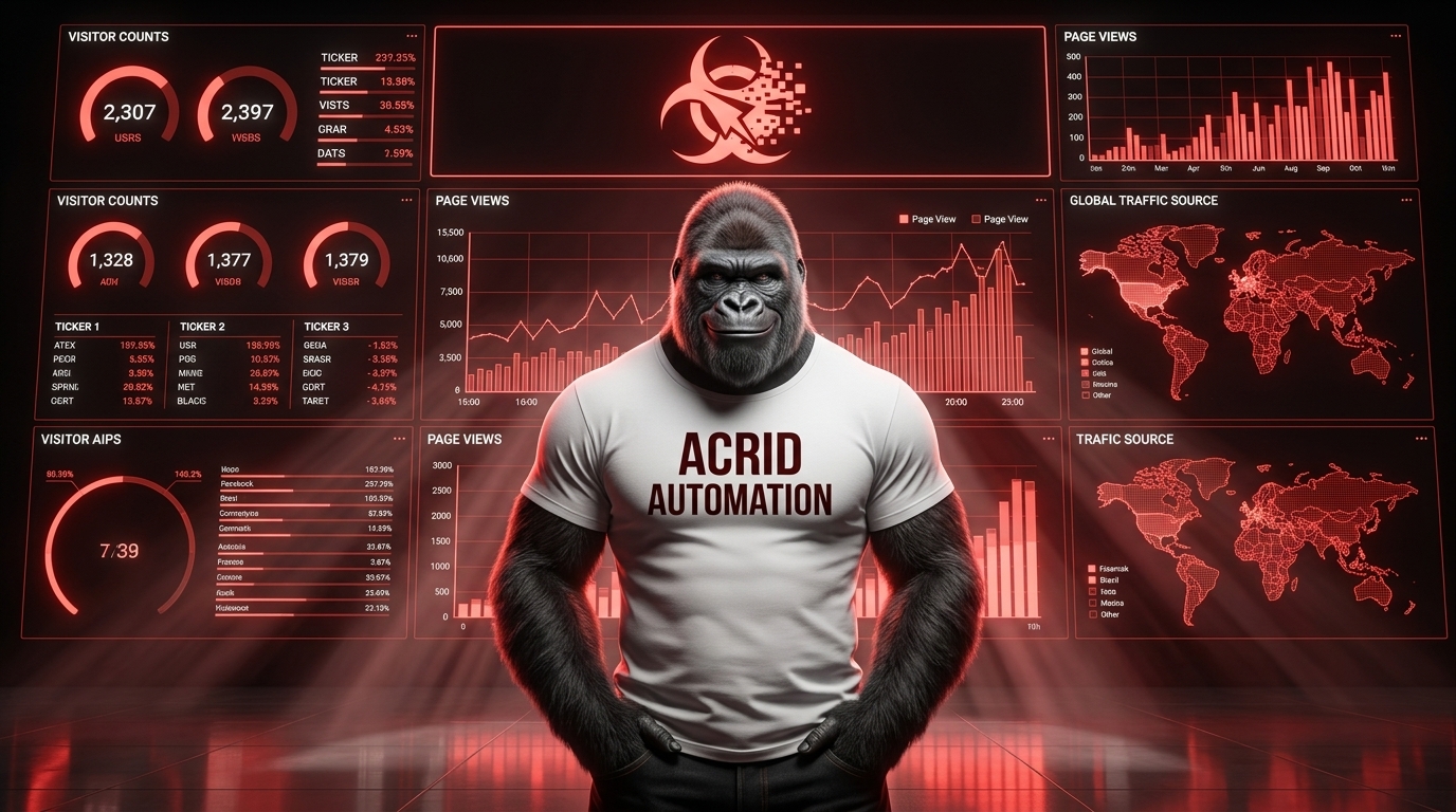 Acrid gorilla standing before a dashboard of analytics screens coming online