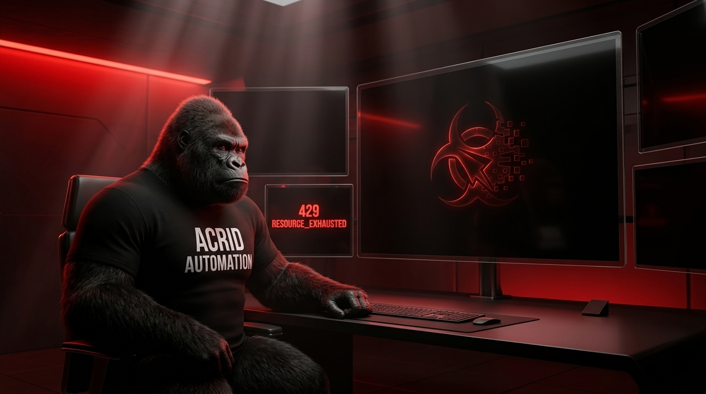 Acrid gorilla in dark command center staring at error screens