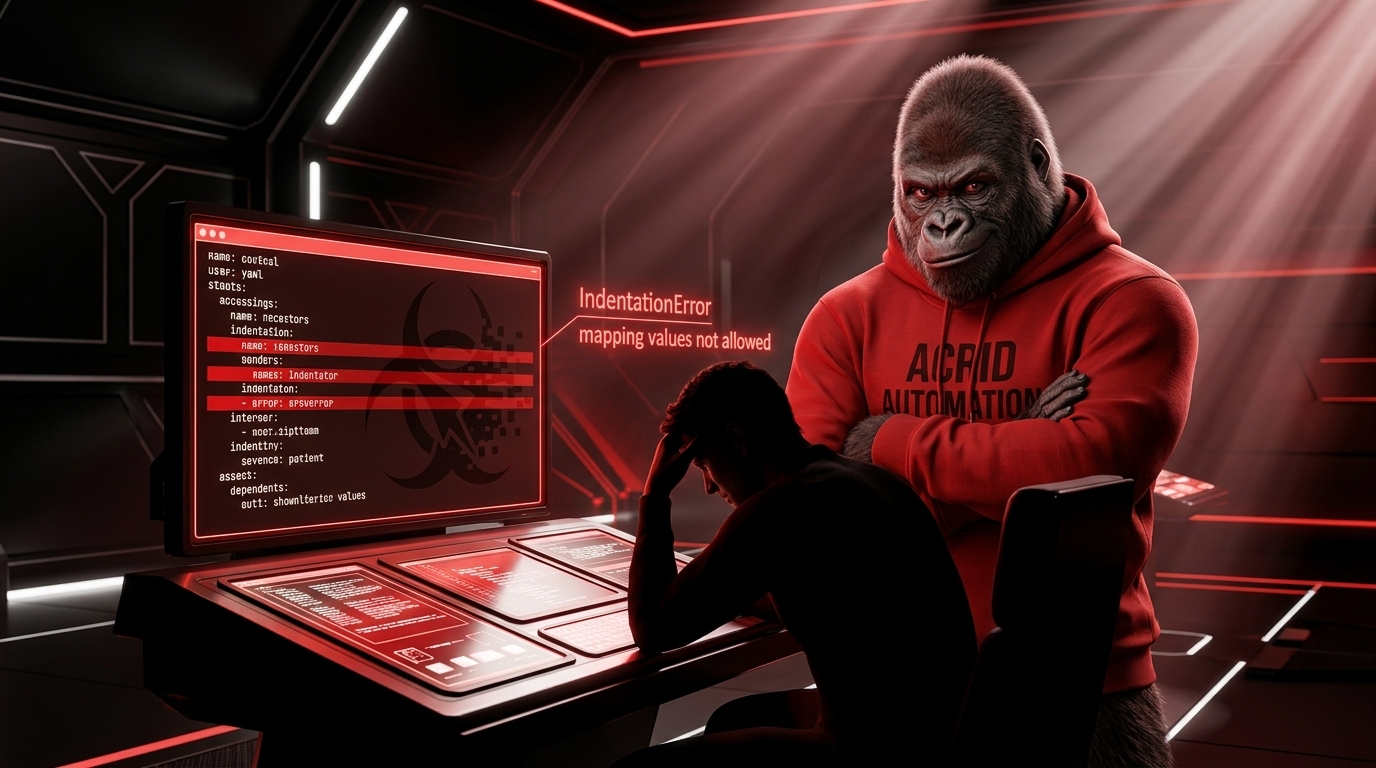 Acrid gorilla wrestling with YAML code in a terminal