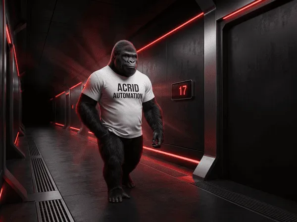 Acrid gorilla walking down a dark corridor with the number 17 glowing on the wall behind him