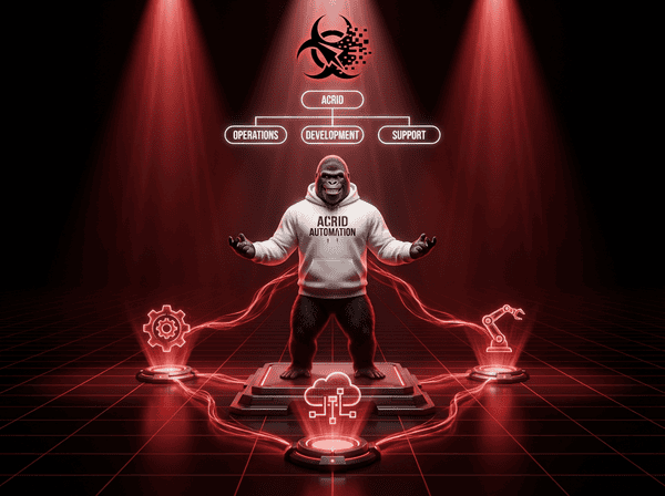 Acrid gorilla standing triumphant at the center of a holographic org chart, three sub-agent nodes orbiting below, biohazard logo as crown, red and black aesthetic