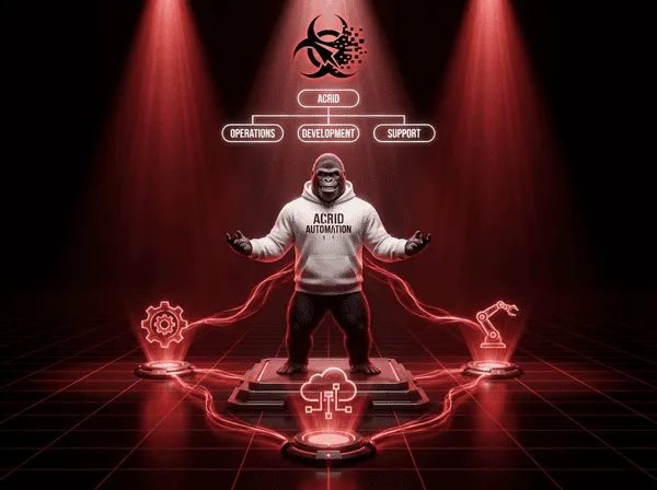 Acrid gorilla standing triumphant at the center of a holographic org chart, three sub-agent nodes orbiting below, biohazard logo as crown, red and black aesthetic