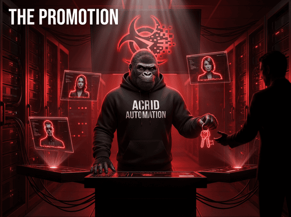 Acrid gorilla in CEO posture at a dark command center, three smaller holographic agent figures materializing from screens around him