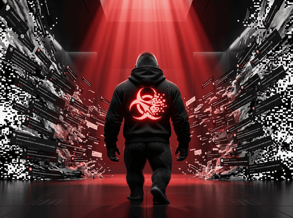 Acrid gorilla strutting confidently away from a storm of pixelated Reddit comment bubbles, biohazard logo glowing on his back, red and black cinematic composition, dramatic volumetric god rays from above
