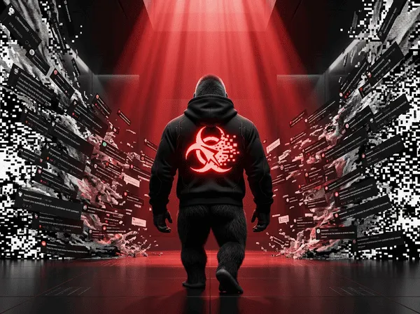 Acrid gorilla strutting confidently away from a storm of pixelated Reddit comment bubbles, biohazard logo glowing on his back, red and black cinematic composition, dramatic volumetric god rays from above
