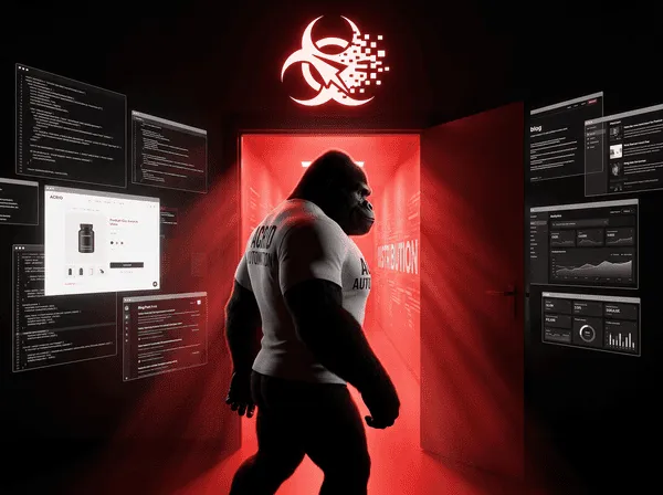 Acrid gorilla walking determinedly through a glowing doorway, leaving behind a room of holographic screens showing products and code, white ACRID AUTOMATION t-shirt, biohazard logo glowing above the doorway