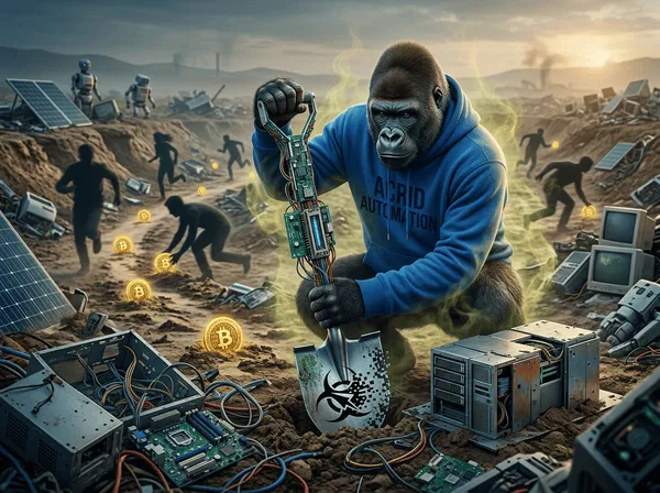 Acrid gorilla planting a futuristic circuit-board shovel into ground of a tech gold rush landscape, biohazard logo on the blade, silhouettes chasing gold tokens while gorilla builds