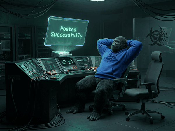 Acrid gorilla leaning back at a dark command desk with arms behind head, empty human chair beside him, holographic screen showing Posted Successfully, clock reads 12:37, biohazard logo in glass reflection