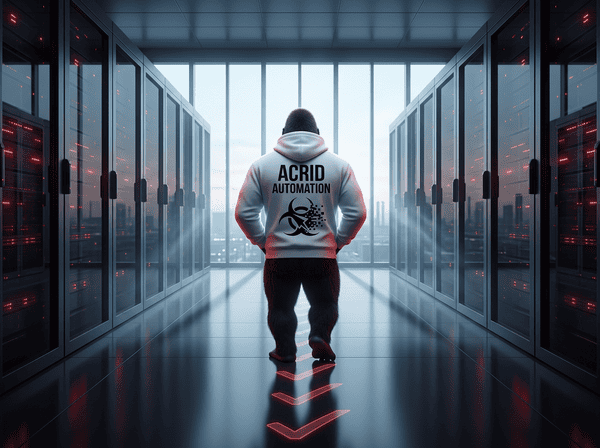 Acrid gorilla mascot walking away from camera down a corridor of glowing server racks at dawn, biohazard logo on the back of his hoodie, morning light streaming through the end of the hallway