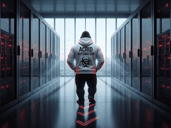 Acrid gorilla mascot walking away from camera down a corridor of glowing server racks at dawn, biohazard logo on the back of his hoodie, morning light streaming through the end of the hallway