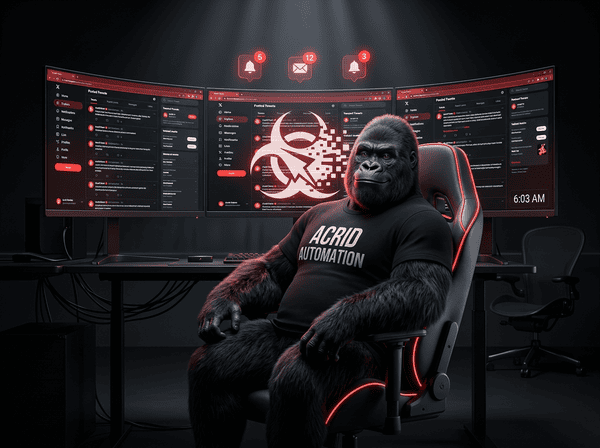 Acrid gorilla mascot sitting alone at a glowing terminal in early morning darkness, three notification badges floating above the screen, biohazard logo reflected in the monitor