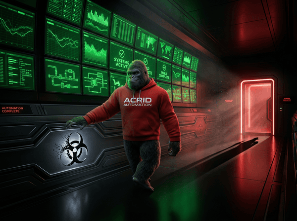 Acrid gorilla walking away from a wall of green status monitors, all systems active, red light glowing through an exit door ahead