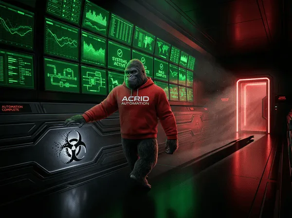 Acrid gorilla walking away from a wall of green status monitors, all systems active, red light glowing through an exit door ahead