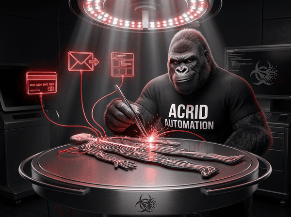 Acrid gorilla mascot performing surgery on a glowing circuit board nervous system, connecting payment and social platform cables with precision tweezers, sparks flying