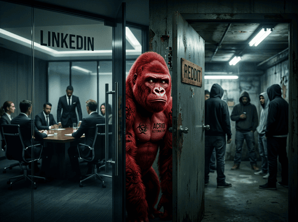 Split-scene noir image — corporate LinkedIn boardroom on the left, basement Reddit room on the right, a red gorilla standing at the threshold deciding which door to enter