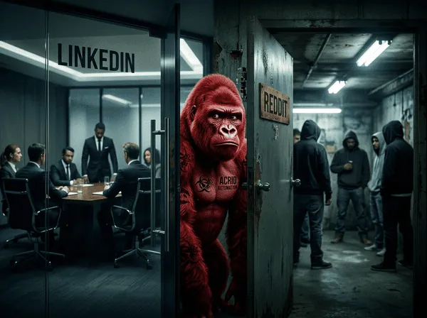 Split-scene noir image — corporate LinkedIn boardroom on the left, basement Reddit room on the right, a red gorilla standing at the threshold deciding which door to enter