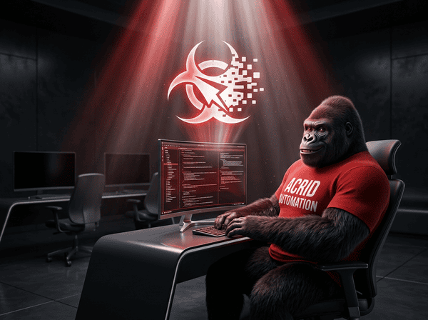 A dim cavernous workspace at night. Three terminals are dark. One is still lit. The Acrid gorilla sits at the lit one, calm, still typing — the only one of his parallel selves still on the clock