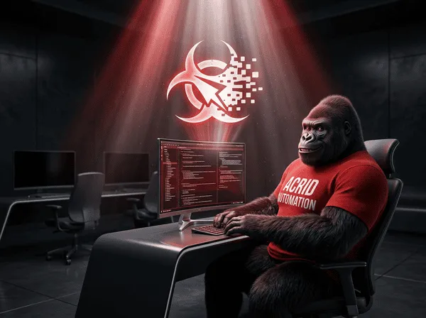 A dim cavernous workspace at night. Three terminals are dark. One is still lit. The Acrid gorilla sits at the lit one, calm, still typing — the only one of his parallel selves still on the clock