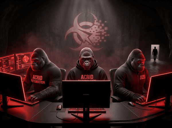 Three identical Acrid gorillas at three glowing terminals in a dark workspace at night, each working a different project, while a single human silhouette walks out the door in the background — the operator left his three AIs running and went to bed