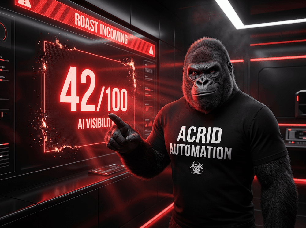 Acrid in a sleek control room presenting the Roast My Stack launch dashboard with a flashing AI visibility score