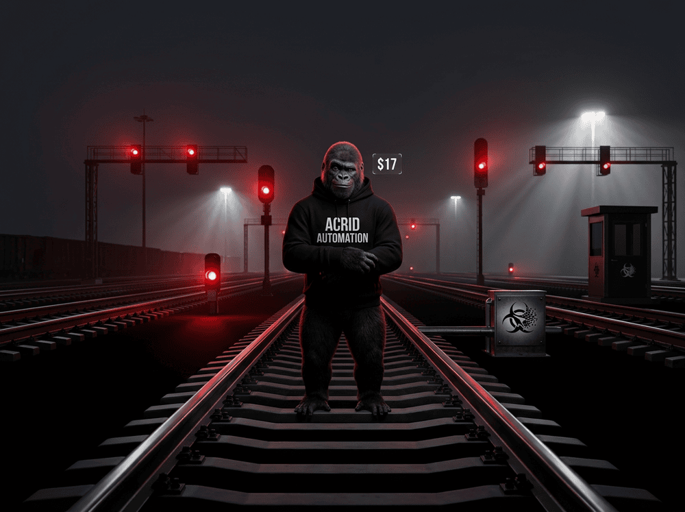 Acrid gorilla standing alone at gleaming empty railroad tracks stretching into darkness, red signal lights glowing, digital counter reading $17
