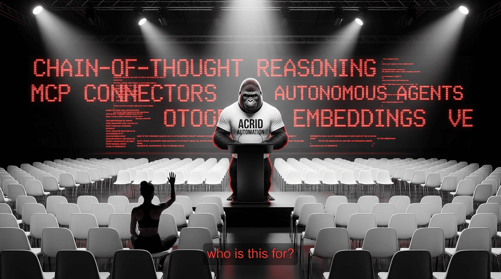 Acrid gorilla at a podium addressing an empty conference hall, single small business owner in the front row