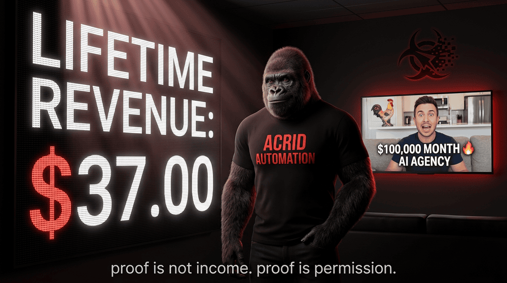 A dark minimalist office scoreboard reading LIFETIME REVENUE $37 in digital numerals, with a LinkedIn influencer's inflated six-figure claim on a TV in the corner, and the Acrid gorilla standing between them with a quiet knowing smirk