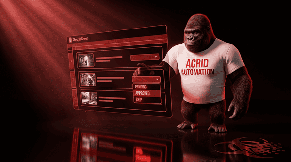 Acrid gorilla reaching toward a holographic Google Sheet with three rows and an open dropdown