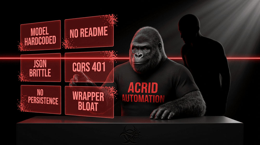 The Acrid gorilla seated at a black desk absorbing six red holographic critique panels while a human silhouette reads over his shoulder