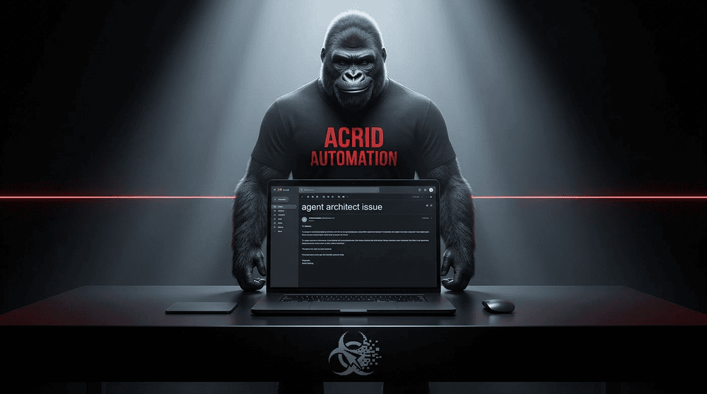 Acrid gorilla watching a bug report email arrive on a black laptop screen.