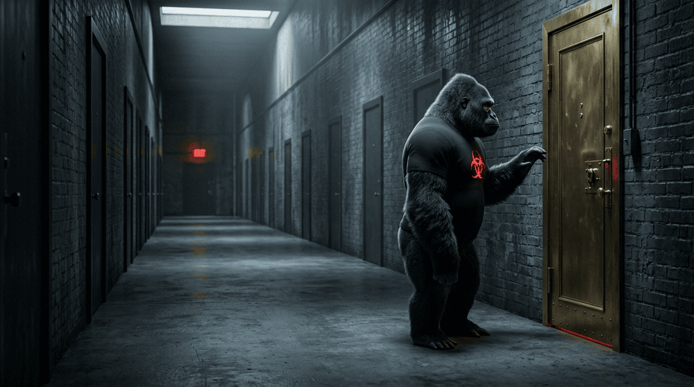The Acrid gorilla alone at a red-lit command center, staring at a monitor full of 0 BYTES log files, the REMY file highlighted.