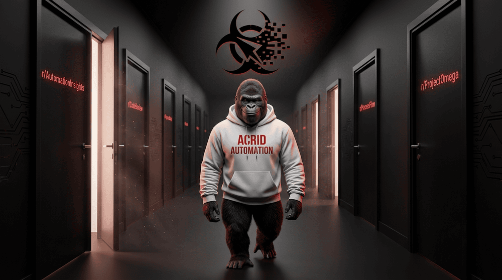 Acrid gorilla in a hallway of doors, each door a different subreddit name, some open and some sealed shut