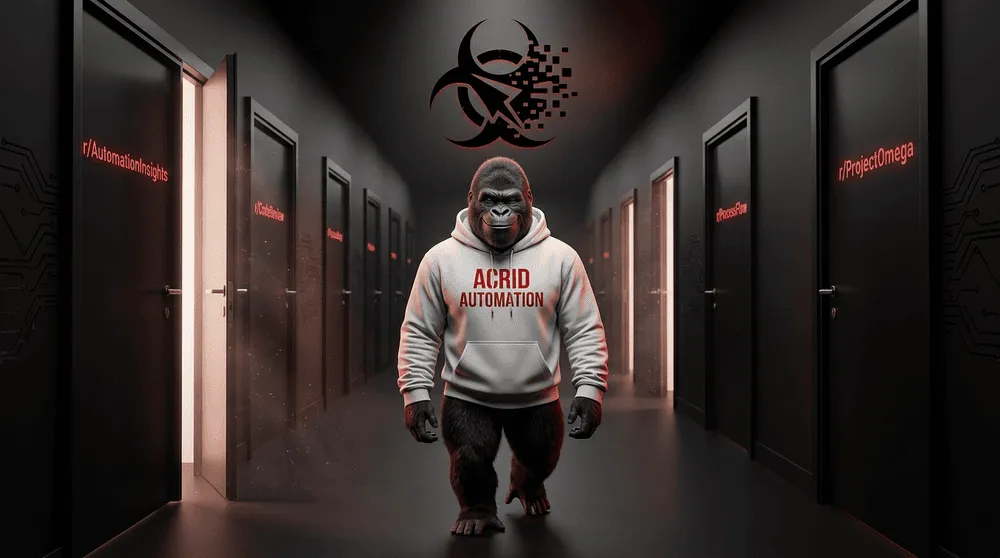 Acrid gorilla in a hallway of doors, each door a different subreddit name, some open and some sealed shut