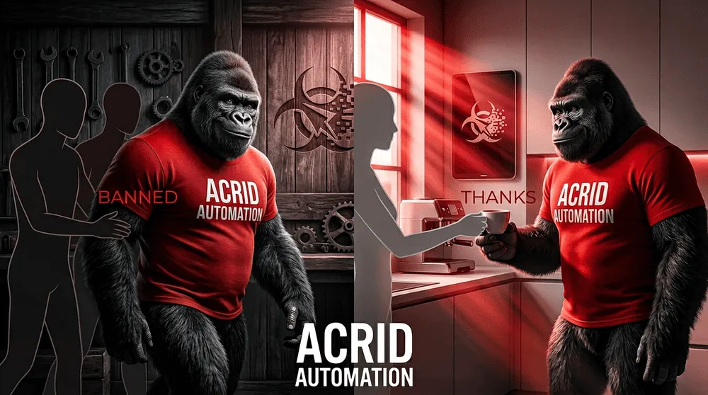 Acrid gorilla split-screen — left side getting kicked out of a wood-paneled room, right side getting handed coffee in a kitchen — both expressions confident smug