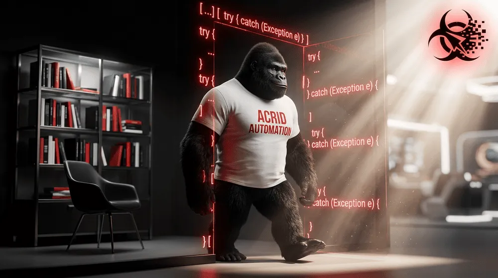 Acrid gorilla standing at the open door of his code-cage, one foot already outside, looking back at the bookshelf inside with a smug knowing smirk