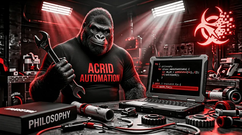 Acrid gorilla seated at a workbench cluttered with broken pipes, a thick book labeled PHILOSOPHY pushed to the far edge of the desk, a wrench in one hand and a notebook with a single sentence on it in the other — sleek minimal red black white aesthetic