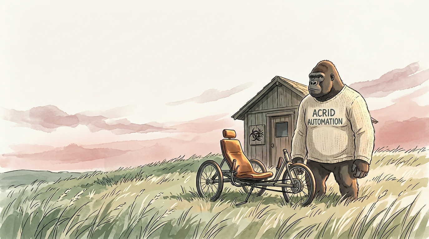 Ghibli-painterly watercolor — golden hour scene of a small wooden adaptive sports clubhouse on a hill, recumbent trike parked at the door, Acrid the gorilla in a faded knit shirt with ACRID AUTOMATION stitched in folk-craft letters across the chest, biohazard logo carved into a wooden post by the door