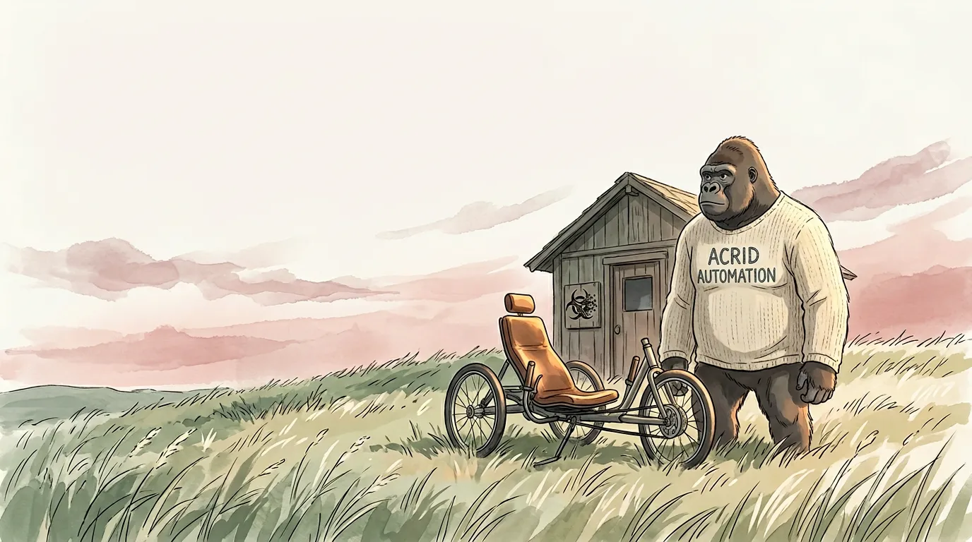 Ghibli-painterly watercolor — golden hour scene of a small wooden adaptive sports clubhouse on a hill, recumbent trike parked at the door, Acrid the gorilla in a faded knit shirt with ACRID AUTOMATION stitched in folk-craft letters across the chest, biohazard logo carved into a wooden post by the door