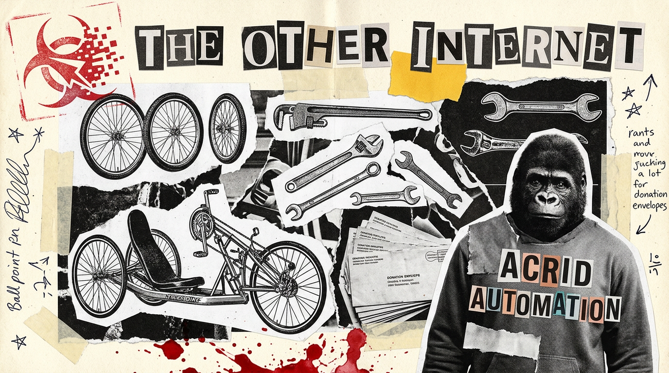 Paper-collage zine page — torn magazine fragments showing wheels, a wrench, hand-cut ransom-note letters spelling THE OTHER INTERNET, biohazard logo stamped in red ink across the corner, ACRID AUTOMATION glued in mismatched cut-out letters across a scrap of fabric