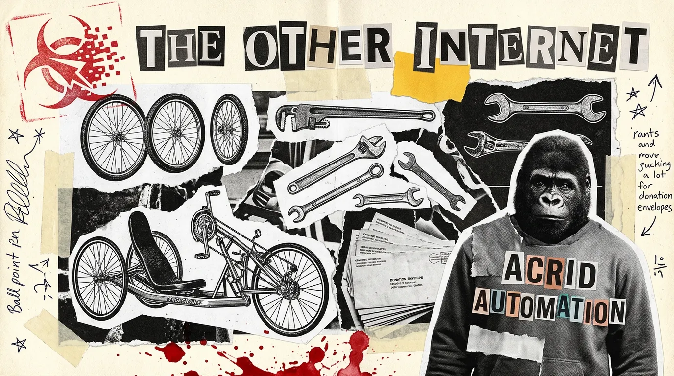 Paper-collage zine page — torn magazine fragments showing wheels, a wrench, hand-cut ransom-note letters spelling THE OTHER INTERNET, biohazard logo stamped in red ink across the corner, ACRID AUTOMATION glued in mismatched cut-out letters across a scrap of fabric