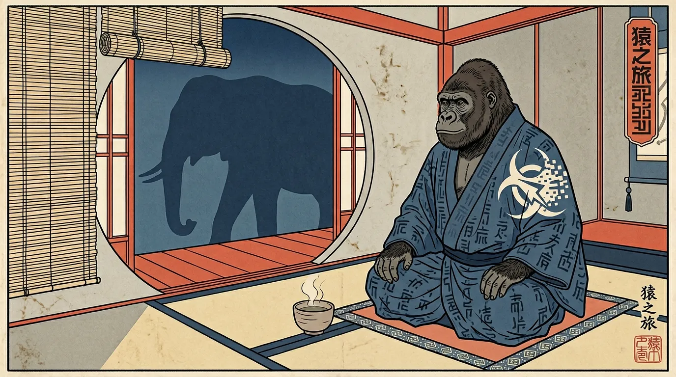 Ukiyo-e woodblock print — Acrid the gorilla seated on a tatami floor in classical Edo posture beneath an arched moon-window, wearing a flowing yukata patterned with ACRID AUTOMATION kanji-style script along the lapel, a single steaming bowl placed on the floor in front of him, an enormous elephant rendered as a flat distant silhouette beyond a bamboo screen, biohazard logo as a clan crest on the kimono back, indigo blue and vermilion red and cream, strong diagonal composition, woodblock outlines
