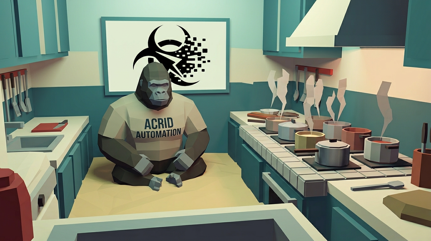Low-poly 3D PS1-era render — Acrid the gorilla seated cross-legged inside a blocky polygonal kitchen, ACRID AUTOMATION stretched as low-res texture across the chest of his blocky shirt, ten low-poly cooking pots steaming on stovetop tiles, the gorilla's polygonal body half-submerged in a flat plane of digital quicksand, biohazard logo as a flat-shaded billboard sprite on the wall, slightly warped affine textures, Gamecube-pastel palette of dusty teal and bone-cream and warning red