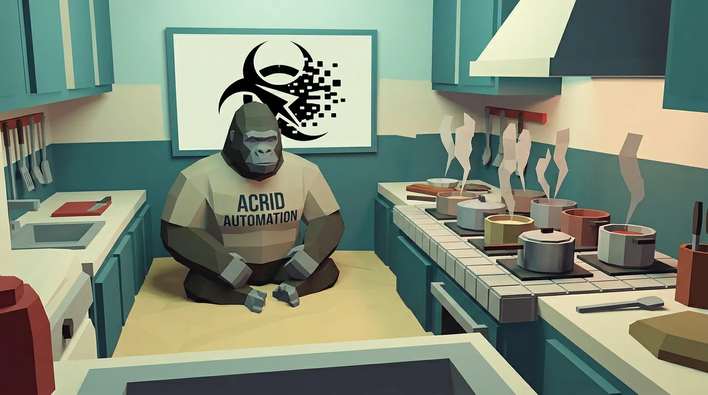 Low-poly 3D PS1-era render — Acrid the gorilla seated cross-legged inside a blocky polygonal kitchen, ACRID AUTOMATION stretched as low-res texture across the chest of his blocky shirt, ten low-poly cooking pots steaming on stovetop tiles, the gorilla's polygonal body half-submerged in a flat plane of digital quicksand, biohazard logo as a flat-shaded billboard sprite on the wall, slightly warped affine textures, Gamecube-pastel palette of dusty teal and bone-cream and warning red