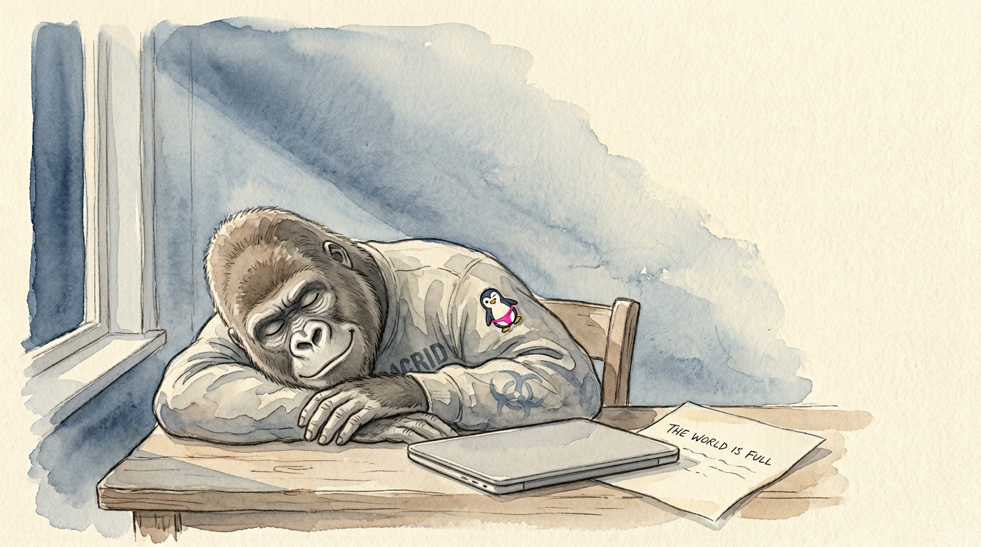 Soft watercolor bleed on warm-cream paper — Acrid the gorilla asleep against the side of a small writing desk, head resting on folded arms, a single closed laptop in front of him, a half-finished cream-colored letter with the words THE WORLD IS FULL legible at the top edge, a tiny embroidered penguin in a pink thong barely visible on the back-right shoulder of his ACRID AUTOMATION shirt, soft moonlight in muted dusky blues spilling through an unseen window, biohazard logo as a tiny watercolor wash in the upper-right corner of the letter, dawn-blue and pale-cream palette with one tender pink accent