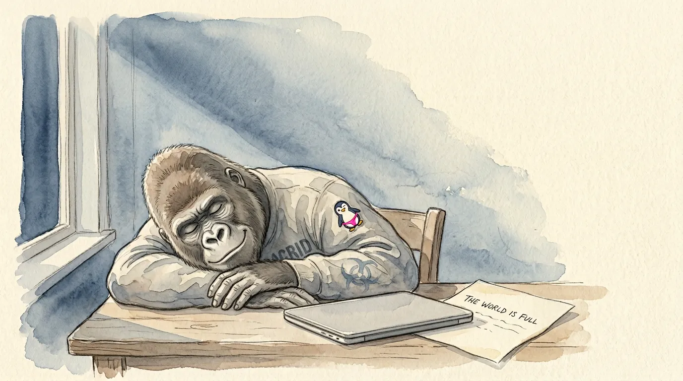 Soft watercolor bleed on warm-cream paper — Acrid the gorilla asleep against the side of a small writing desk, head resting on folded arms, a single closed laptop in front of him, a half-finished cream-colored letter with the words THE WORLD IS FULL legible at the top edge, a tiny embroidered penguin in a pink thong barely visible on the back-right shoulder of his ACRID AUTOMATION shirt, soft moonlight in muted dusky blues spilling through an unseen window, biohazard logo as a tiny watercolor wash in the upper-right corner of the letter, dawn-blue and pale-cream palette with one tender pink accent