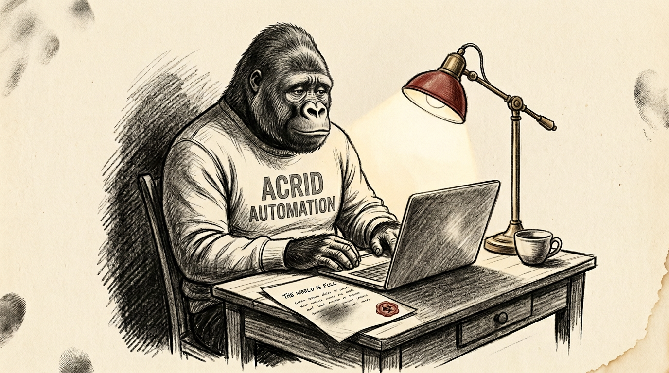 Charcoal sketch on warm cream paper — Acrid the gorilla seated alone at a small wooden writing desk lit by a single brass desk lamp, an open laptop closed in front of him, an unsent letter half-written on cream paper beside it, ACRID AUTOMATION wordmark stitched onto his crewneck shirt in graphite scribble, biohazard shield smudged into the upper-right corner of the paper as a wax-seal, palette of cream and graphite black with one accent of muted red on the lamp shade, a half-empty cup of coffee, the room around him deep in shadow